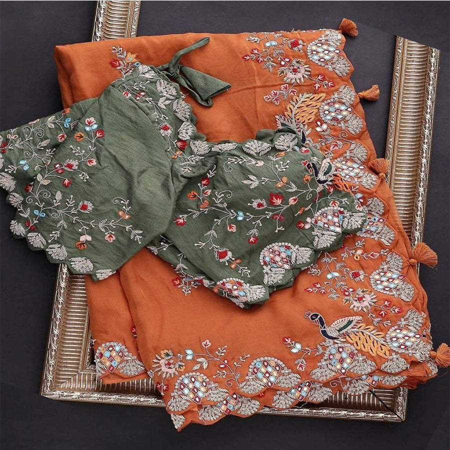 Beautiful Organza Embroidery work Orange Saree with Mehendi Blouse