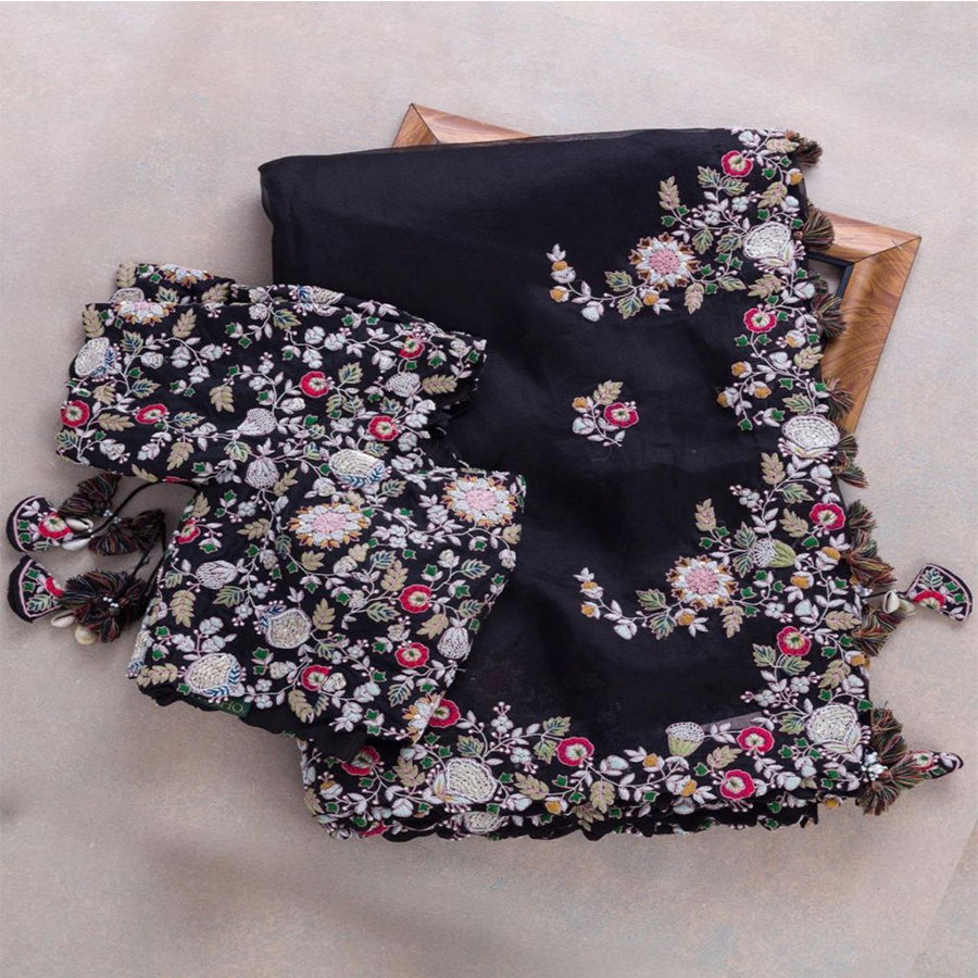 Beautiful Party Wear Saree Organza Silk With Embroidery Work
