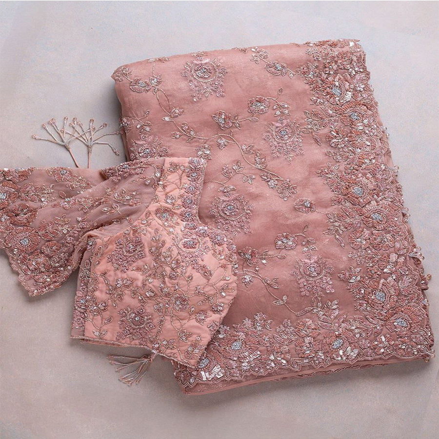 Beautiful Peach Organza Silk Embroidery Work Saree With Blouse