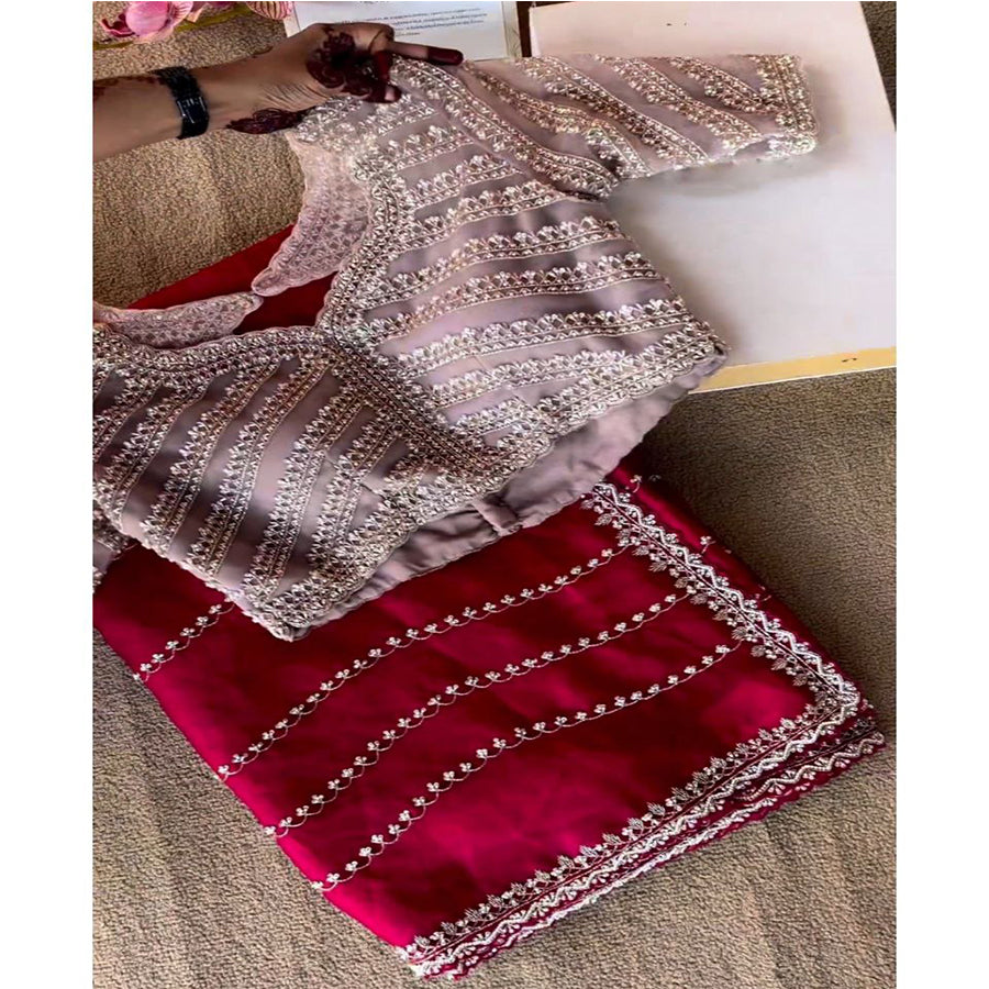 Beautiful Red-Peach Heavy Organza Embroidery Work Saree With Blouse