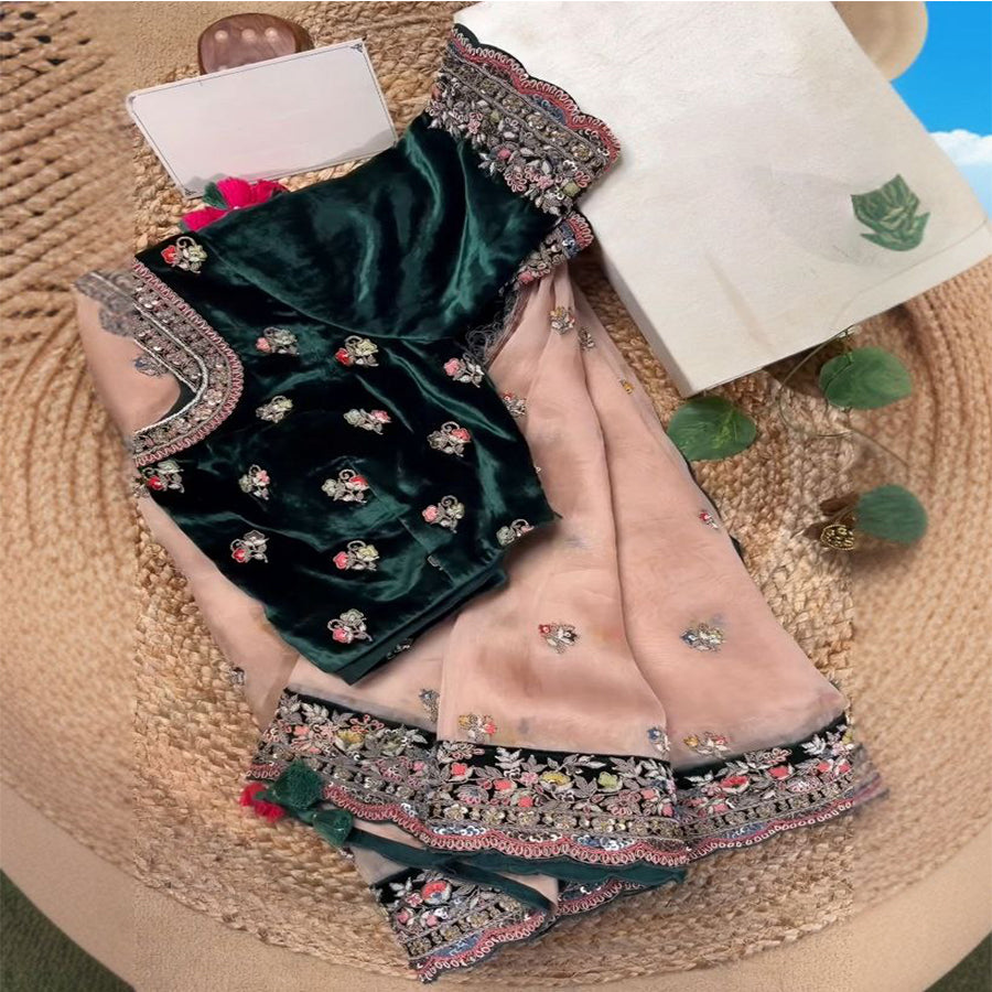 Exclusive Blush Organza Silk Pink Saree With Green Velvet Blouse