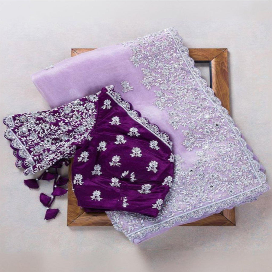 Exclusive Double-Purple Organza Silk Embroidery Work Saree With Blouse