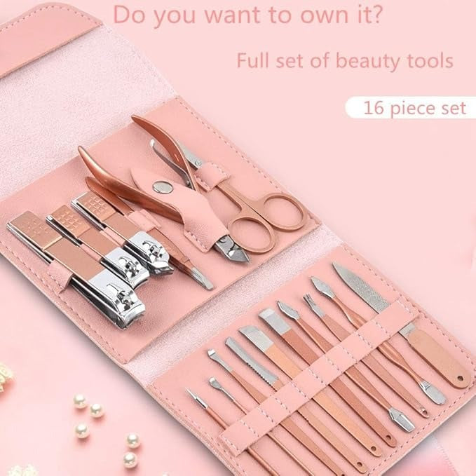 16-in-1 Professional Manicure Pedicure Grooming Kit – Nail Clippers, Scissors, Tweezers & Tools in Elegant Travel Case