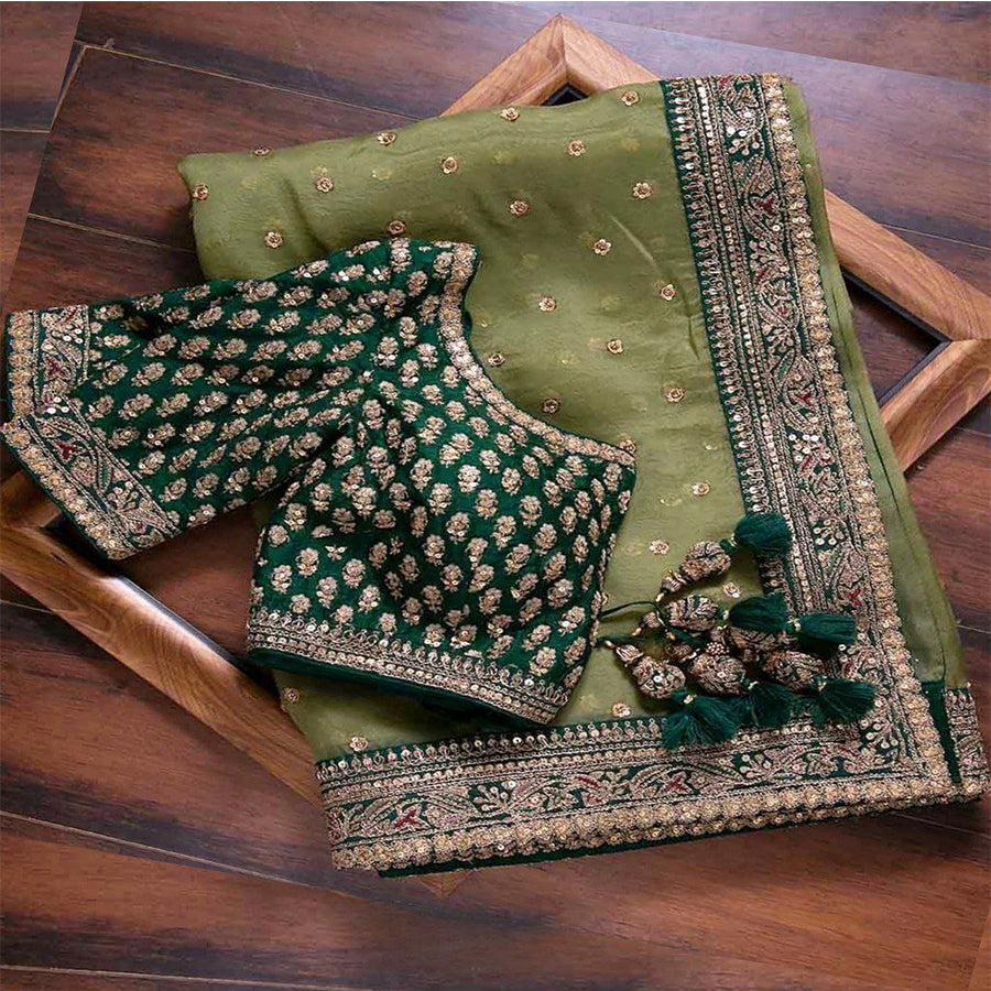 Exclusive Green Heavy Organza Silk Fancy Thread Work Saree With Blouse
