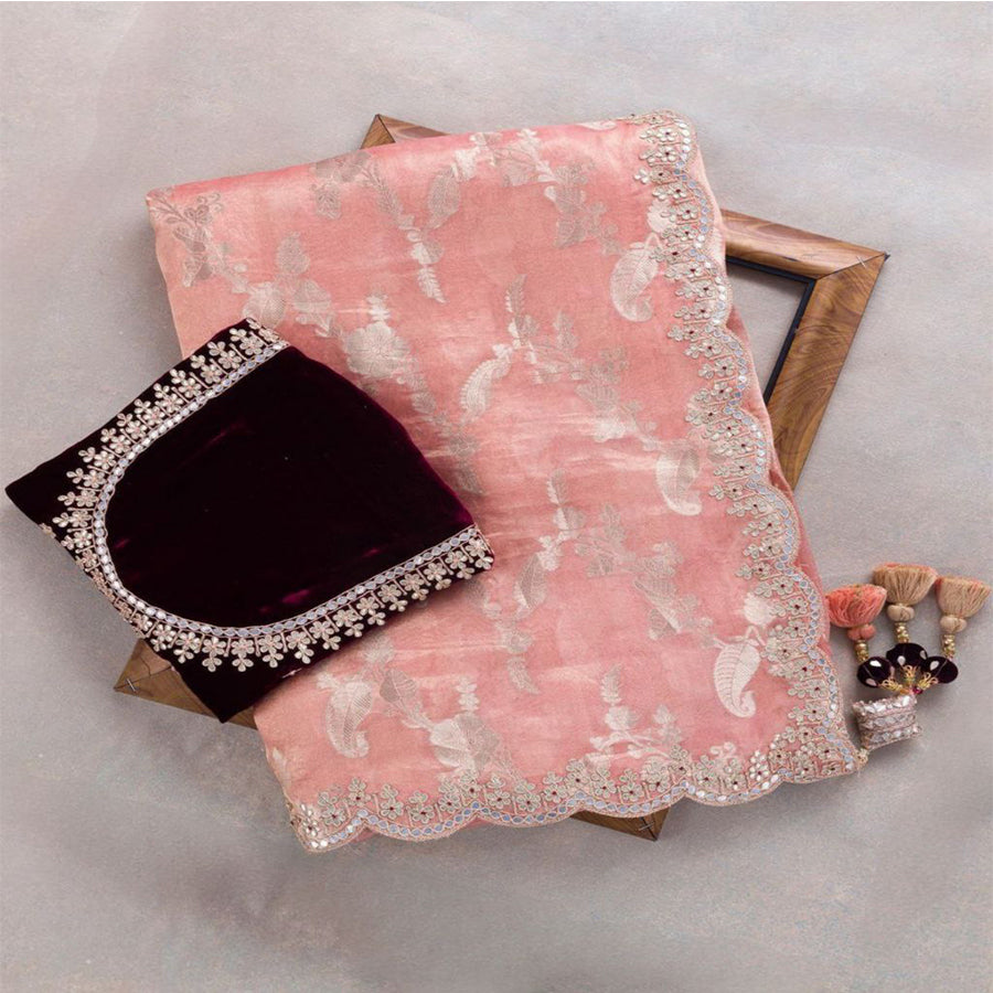 Exclusive Peach Organza Silk Embroidery Work Saree With Maroon Blouse