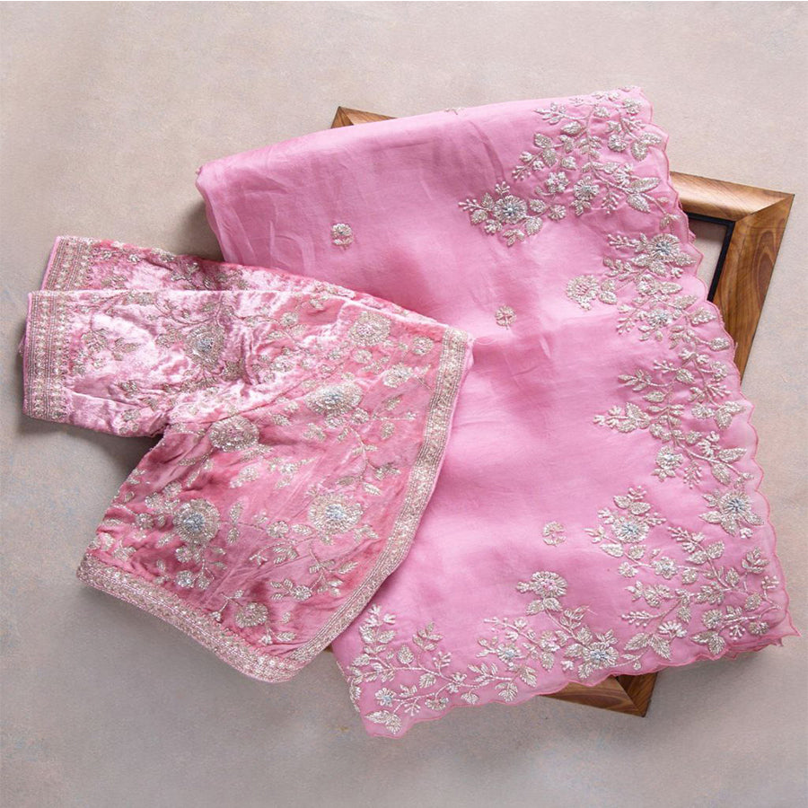 Exclusive Pink Organza Silk Zari Work Saree With Blouse