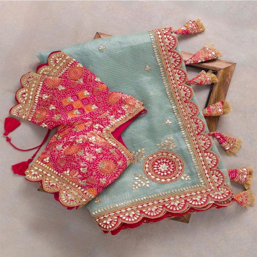 Blue Heavy Soft Organza Silk Sequence Cording Dori Work Saree With Pink Blouse