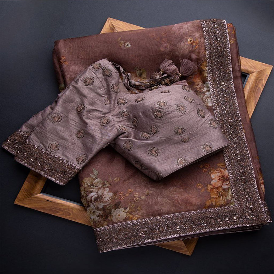 Gorgeous Coffee Soft Organza Silk Digital Print Work Saree With Blouse