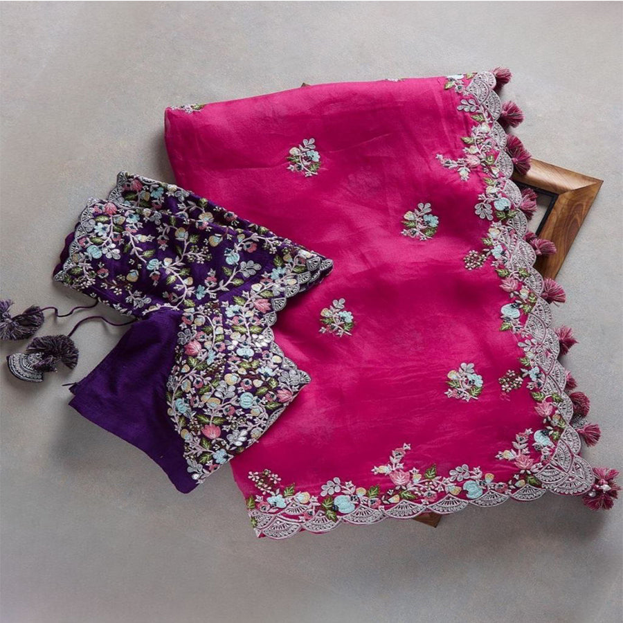 Exclusive Maroon Heavy Organza Silk Fancy Thread Work Saree With Blouse