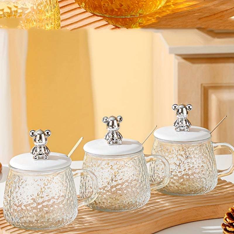 Charming Hammered Bear Glass Coffee Cup with Handle and Lid - Reusable, Multi-Purpose Transparent Glass Mug for Hot & Cold Beverages