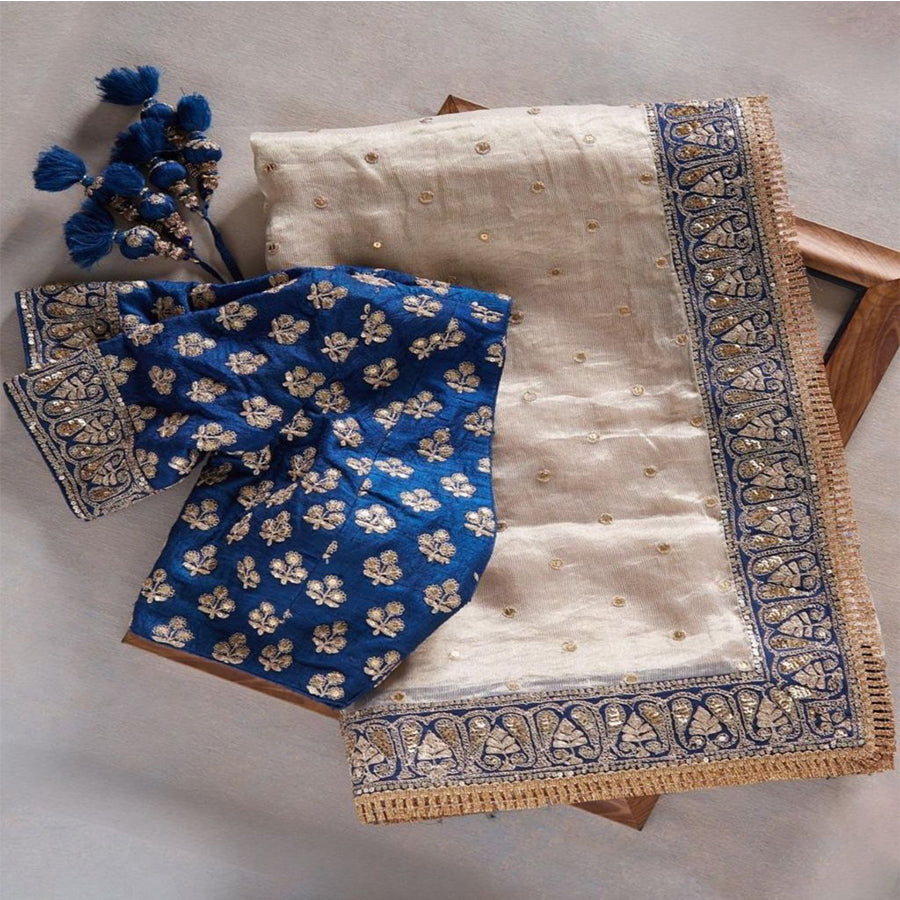 Cream Organza Silk Sequence Work Saree With Blouse