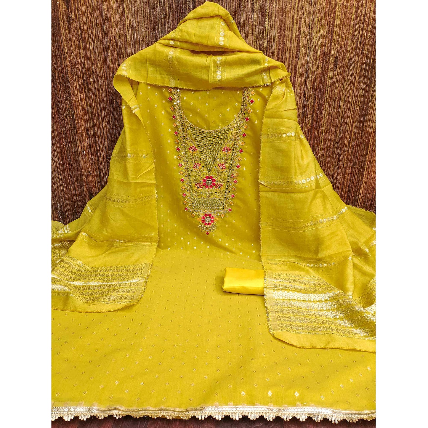 Mustard Chanderi Silk Dress Material With Delicate Floral Sequins Embroidery & Butti Work
