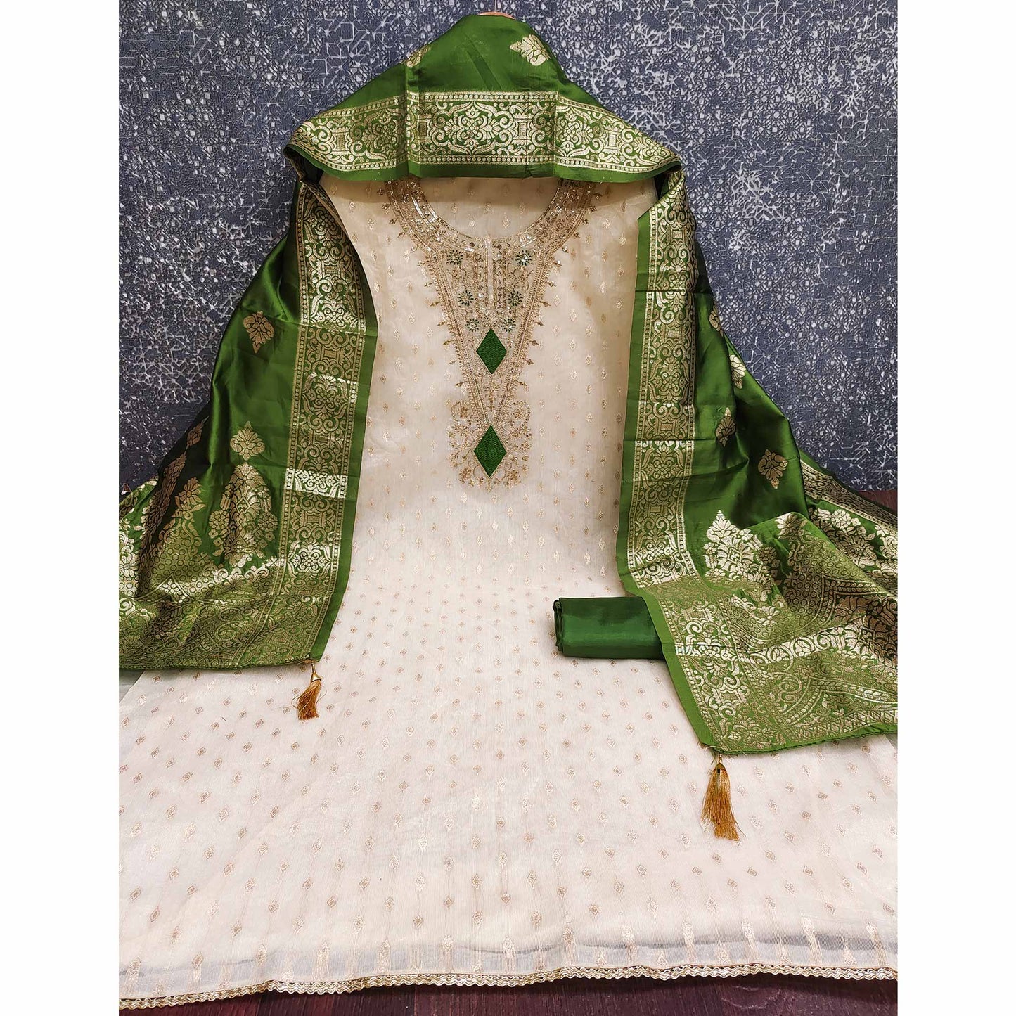 Cream & Green Floral Butti Weaving With Intricate Cording Embroidered Shimmer Dress Material