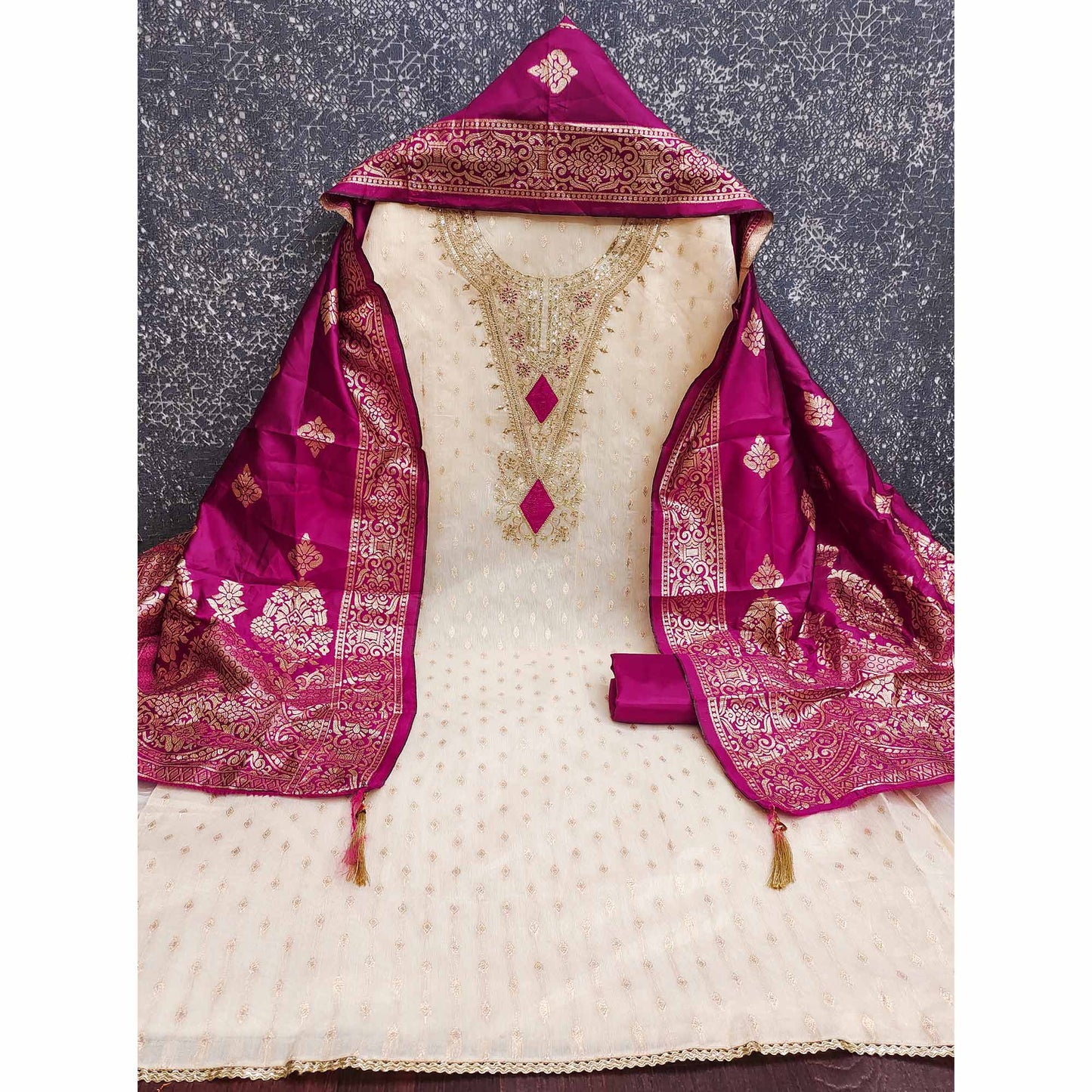 Cream & Rani Pink Floral Butti Weaving With Intricate Cording Embroidered Shimmer Dress Material