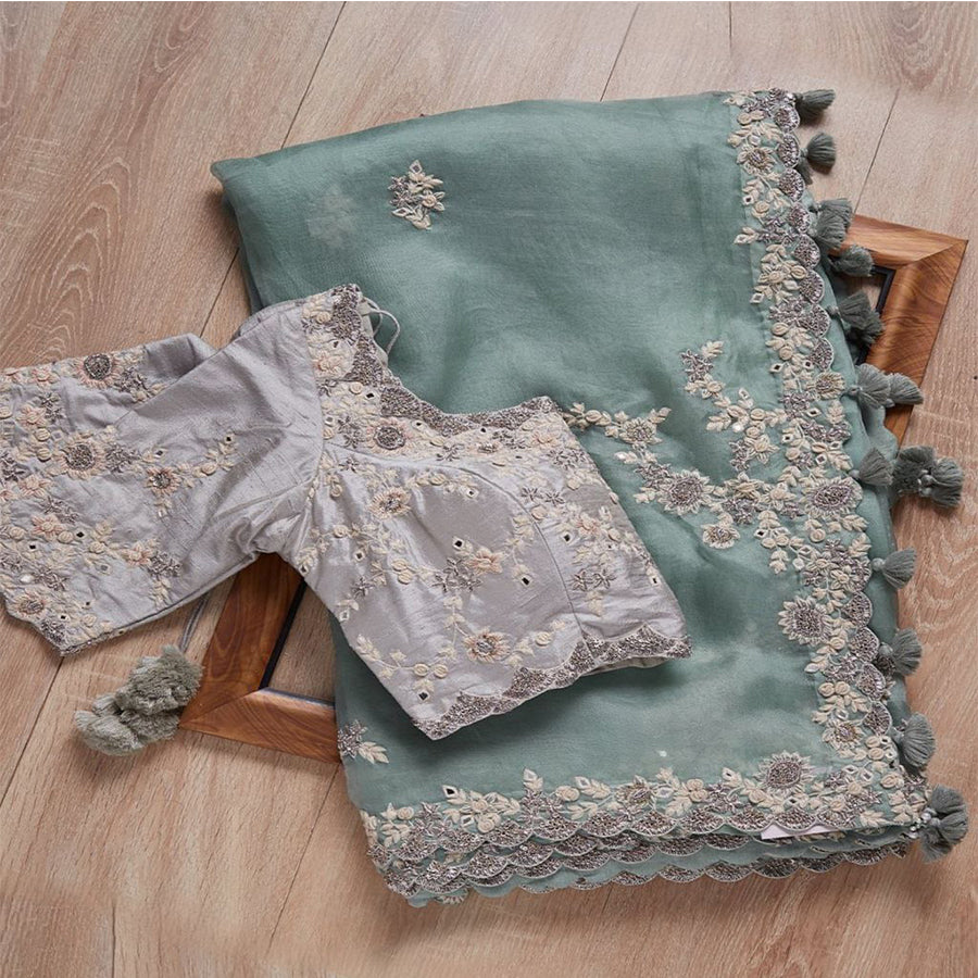 Aqua Organza Silk Sequence Thread Embroidery Work Saree With Blouse