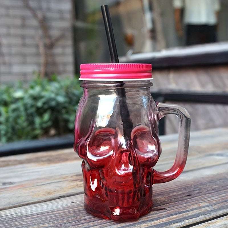 1 Pc Gradient Colored Skull Shaped Glass Cup, juice drink cup, transparent with lid, mug cup, handle cup, beer cup (Random Color)