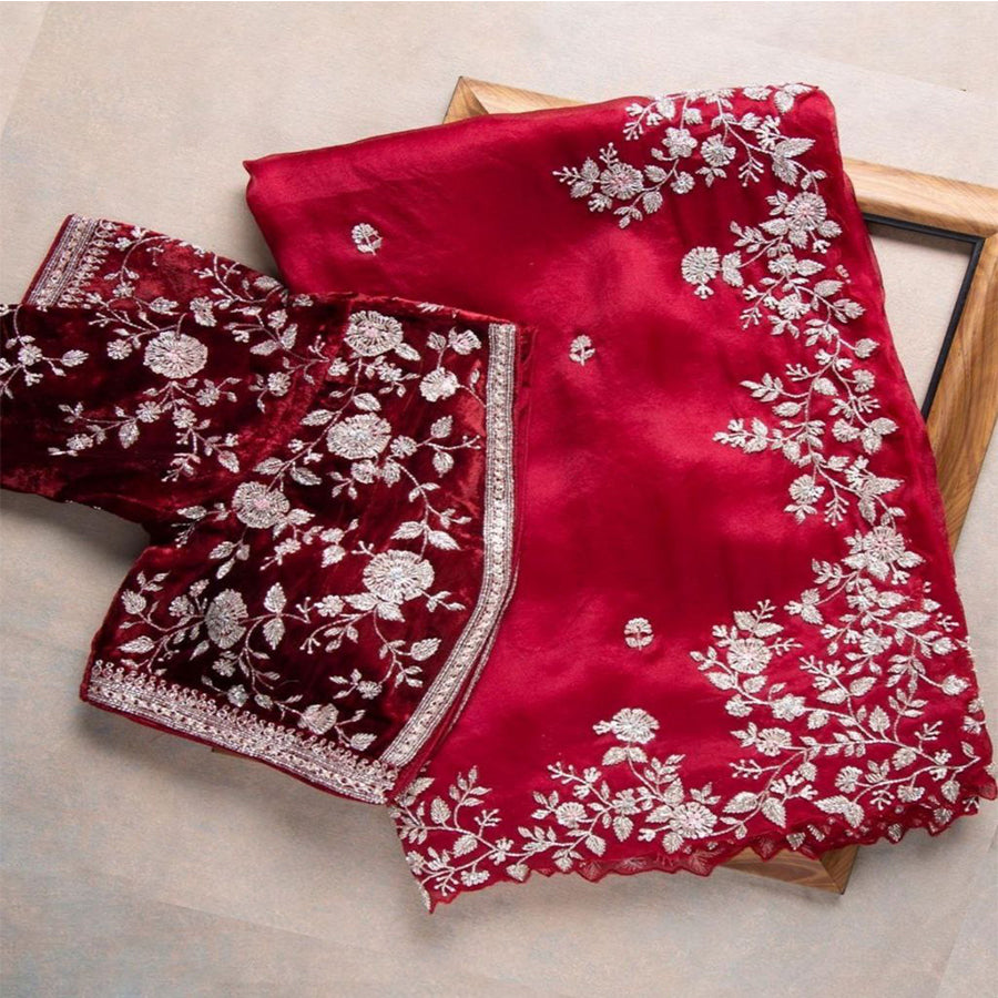 Red Organza Silk Embroidery WorK Saree With Blouse