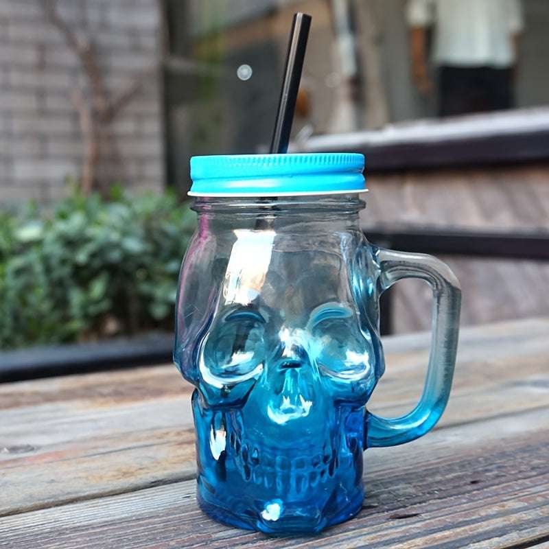 1 Pc Gradient Colored Skull Shaped Glass Cup, juice drink cup, transparent with lid, mug cup, handle cup, beer cup (Random Color)