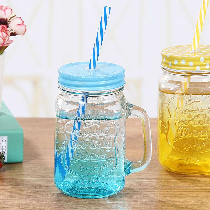 Creative Gradient Color Mason Cup Jar with Lid & Straw (Random Colors)