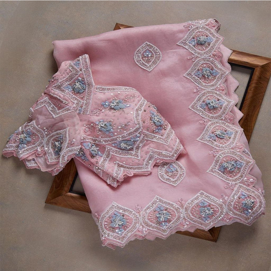 Baby Pink Organza Silk Embroidery Work Saree With Blouse