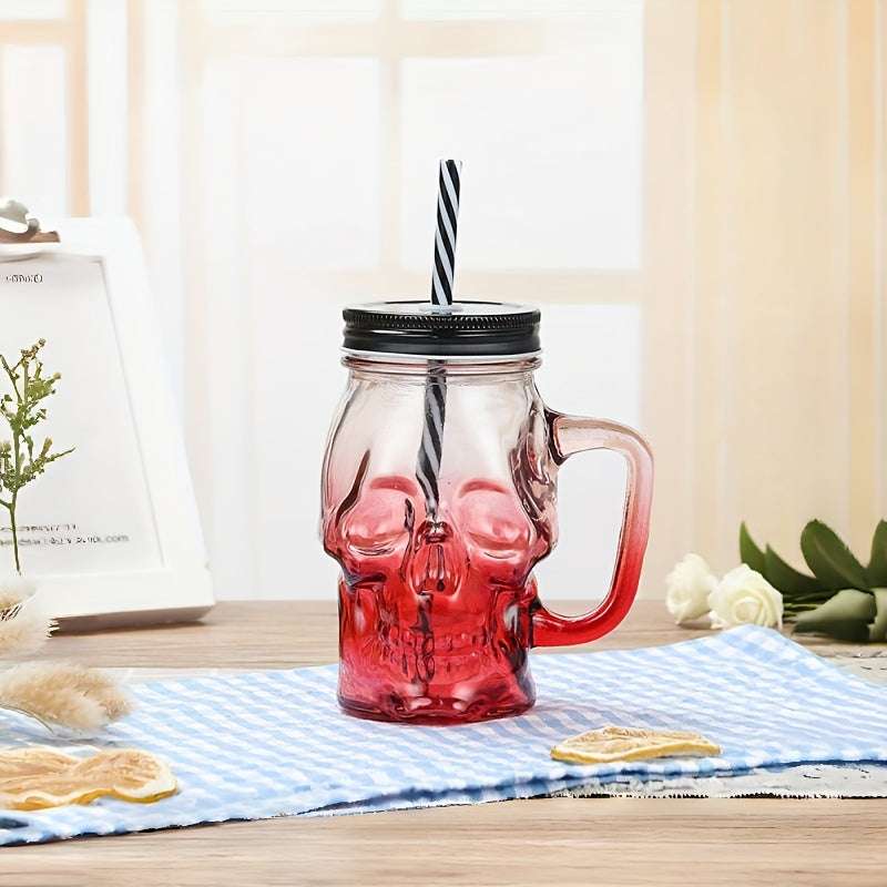 1 Pc Gradient Colored Skull Shaped Glass Cup, juice drink cup, transparent with lid, mug cup, handle cup, beer cup (Random Color)