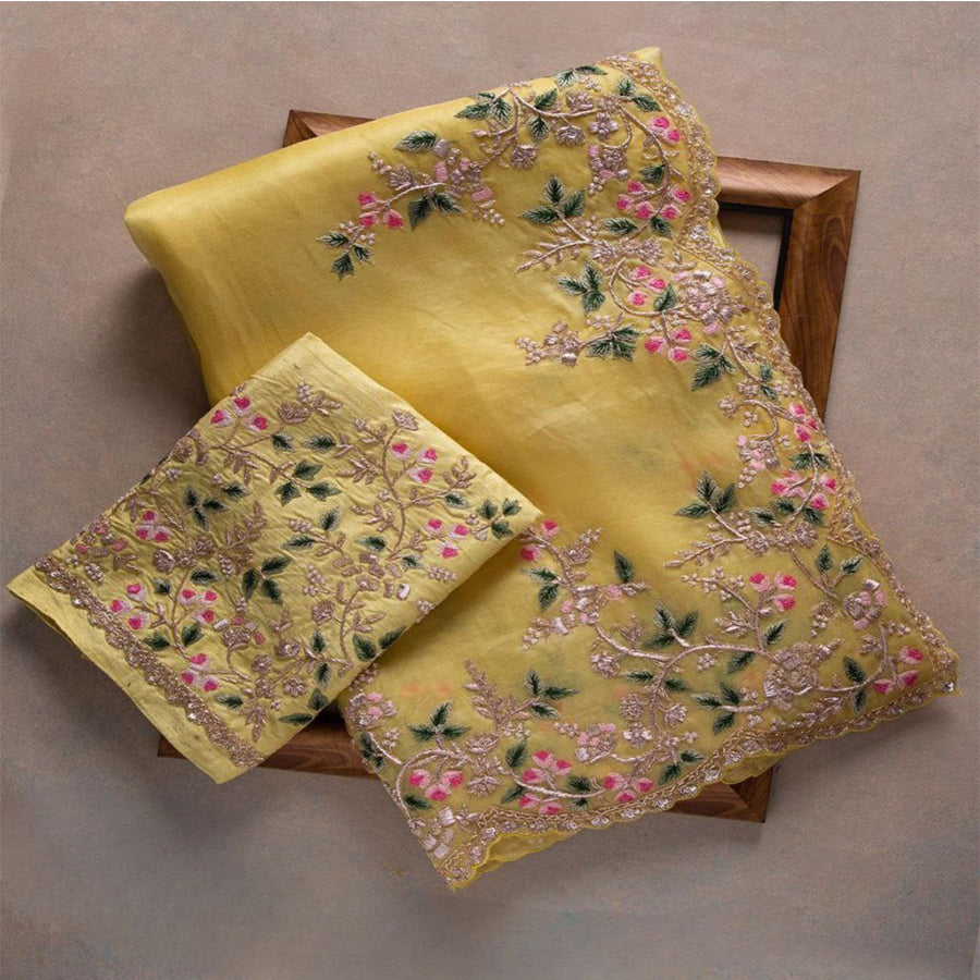 Yellow Organza Silk Multi Embroidery Zari Work Saree With Blouse