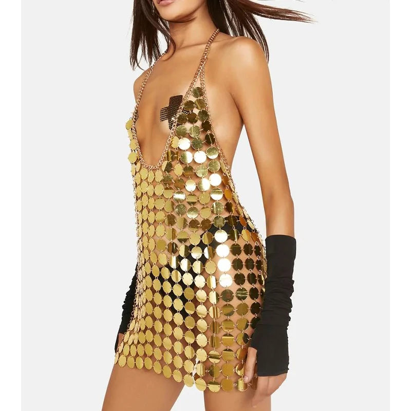 Women Fashion Black Gold Chainmail Sequin Mini Dresses Diana Silver Disc Dress
