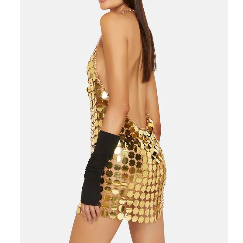 Women Fashion Black Gold Chainmail Sequin Mini Dresses Diana Silver Disc Dress