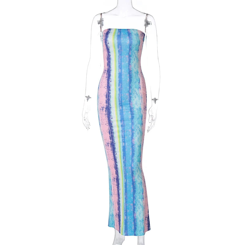 Women Casual Tube Long Dress Summer Strapless Off Shoulder Tie-dye Print Bodycon Maxi Dresses Sexy Evening Party Prom Club Robe