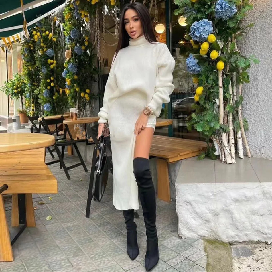 Winter Long Skirt Knitted Suit Set Women Casual Turtleneck Sweater Tops And High Waisted Split Sexy Skirt 2 Piece Set Clothing