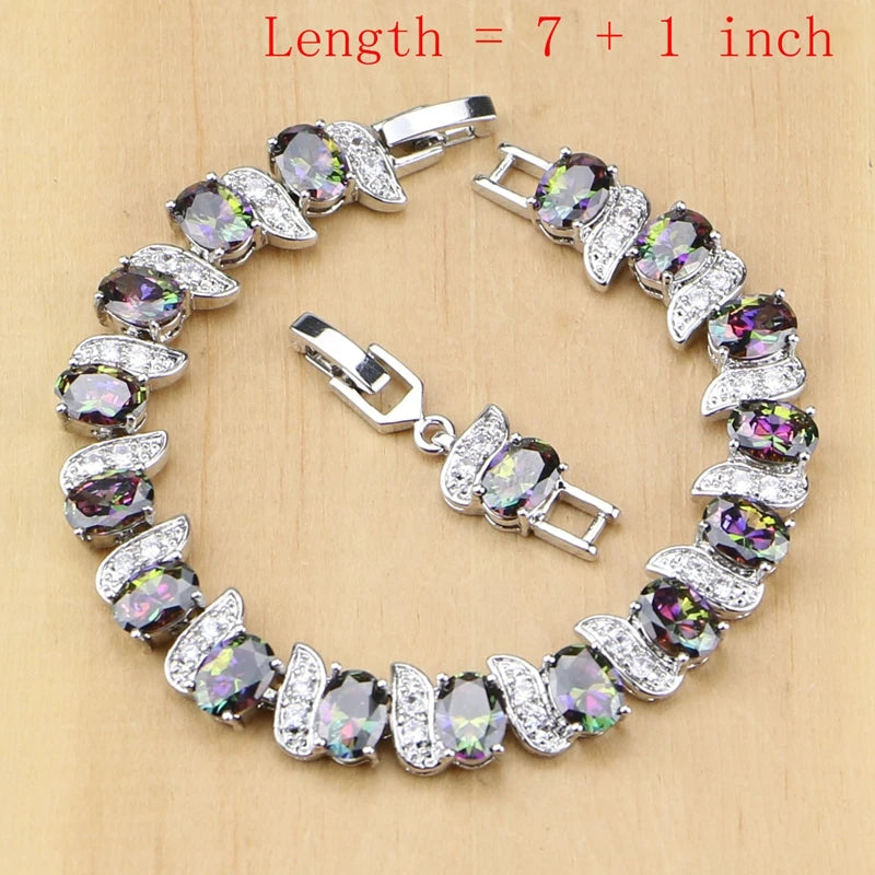 925 Sterling Silver Natural Mystic Rainbow Zircon Stone Jewelry Sets For Women Earrings/Pendant/Ring/Bracelet/Necklace Set
