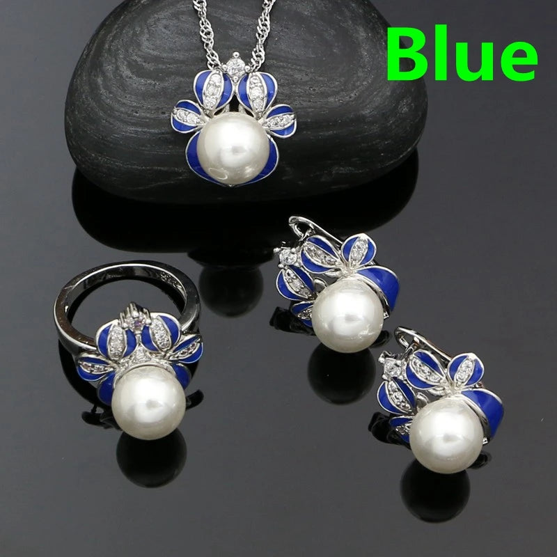 925 Sterling Silver Jewelry Set Green Enamel Pearl Crystal Jewelry Set Reindeer Shape Ring Earring Necklace Pendant Set