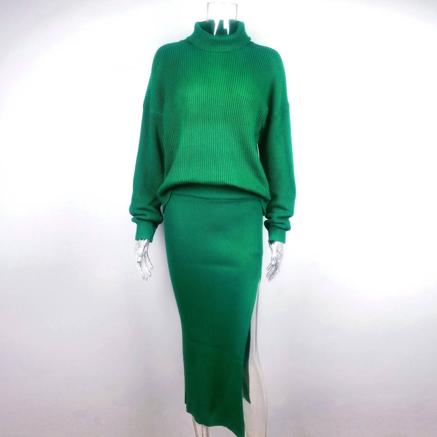 Winter Long Skirt Knitted Suit Set Women Casual Turtleneck Sweater Tops And High Waisted Split Sexy Skirt 2 Piece Set Clothing