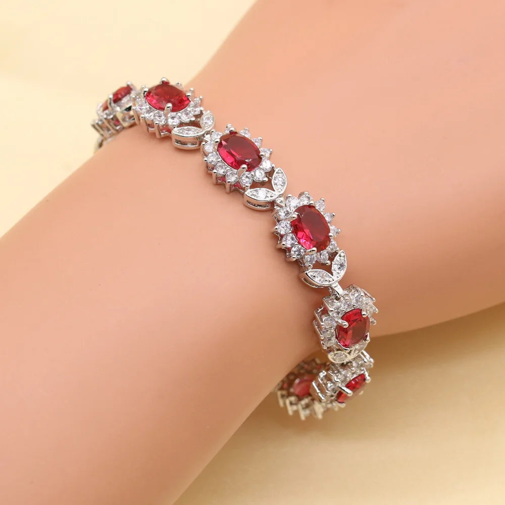 XUTAAYI 925 Silver Wedding Jewelry Sets For Women Red Ruby Bracelet Rings Bridal Pendant Necklace Earrings For Women