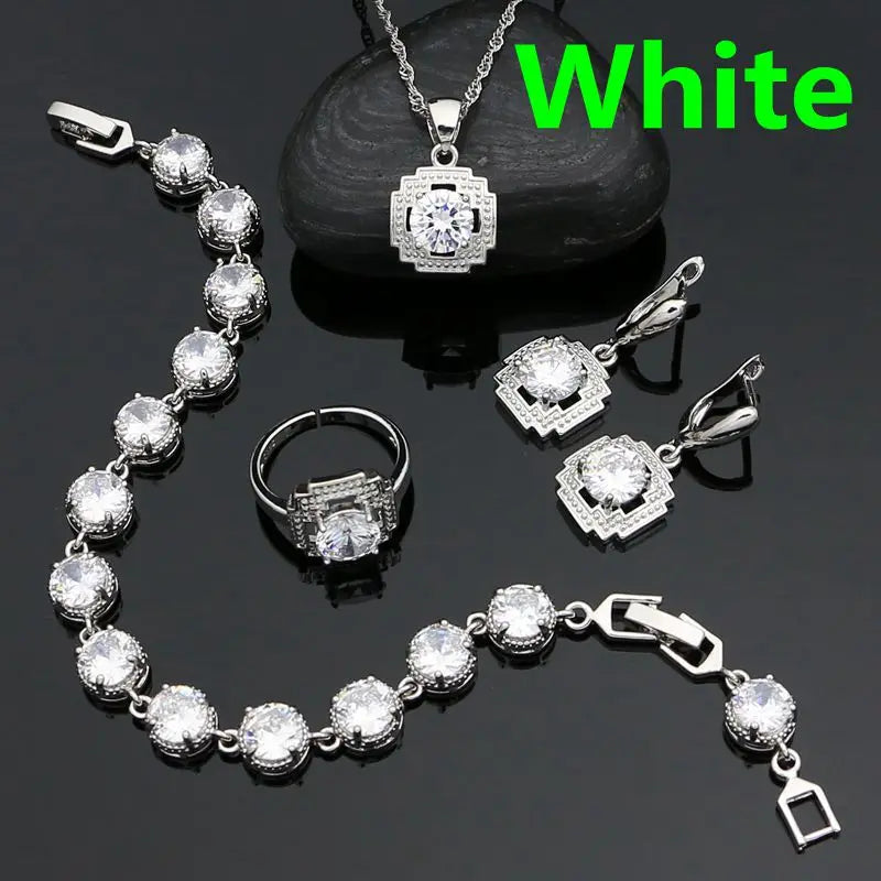 Green Stone Jewelry 925 Sterling Silver Open Ring Pendant Chain Earring Bracelet CZ Accessories Square Jewelry Kit for Women