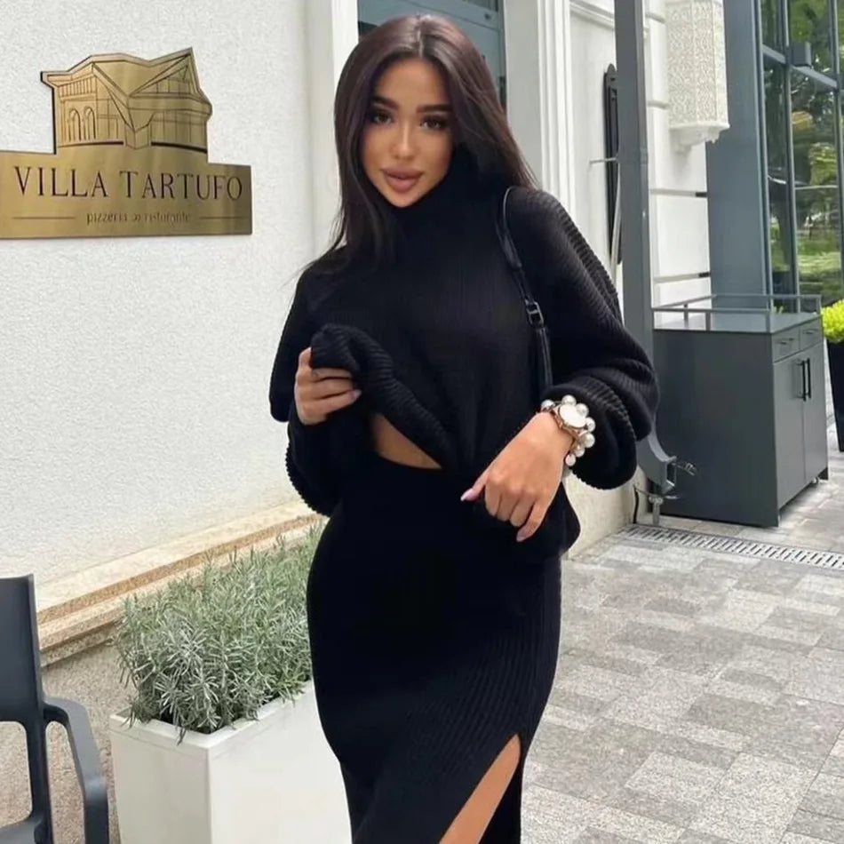 Winter Long Skirt Knitted Suit Set Women Casual Turtleneck Sweater Tops And High Waisted Split Sexy Skirt 2 Piece Set Clothing