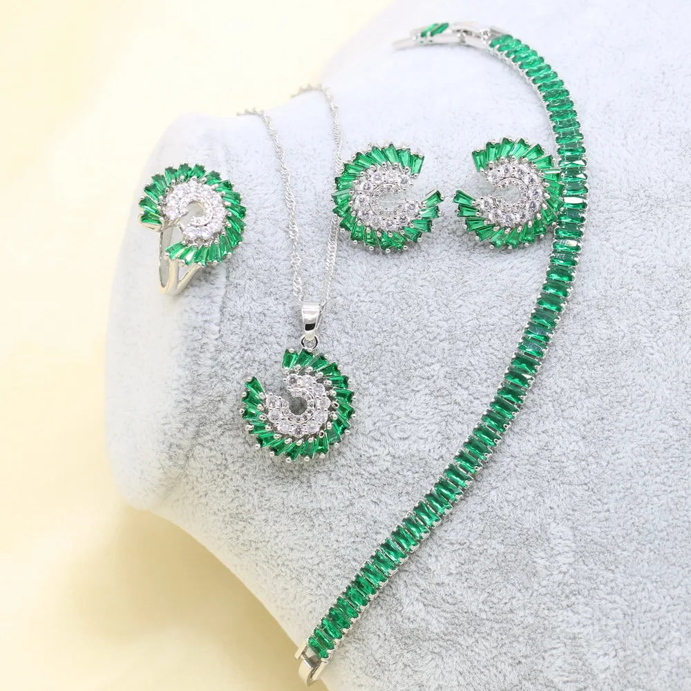 XUTAAYI Green Silver Color Wedding Jewelry Sets Earrings For Women Luxury Jewelry Bracelet Rings Bridal Pendant Necklace Set