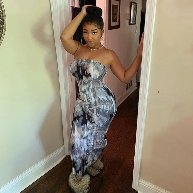 Women Casual Tube Long Dress Summer Strapless Off Shoulder Tie-dye Print Bodycon Maxi Dresses Sexy Evening Party Prom Club Robe