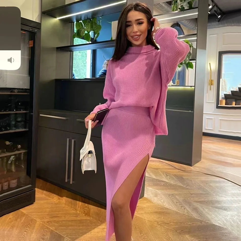 Winter Long Skirt Knitted Suit Set Women Casual Turtleneck Sweater Tops And High Waisted Split Sexy Skirt 2 Piece Set Clothing