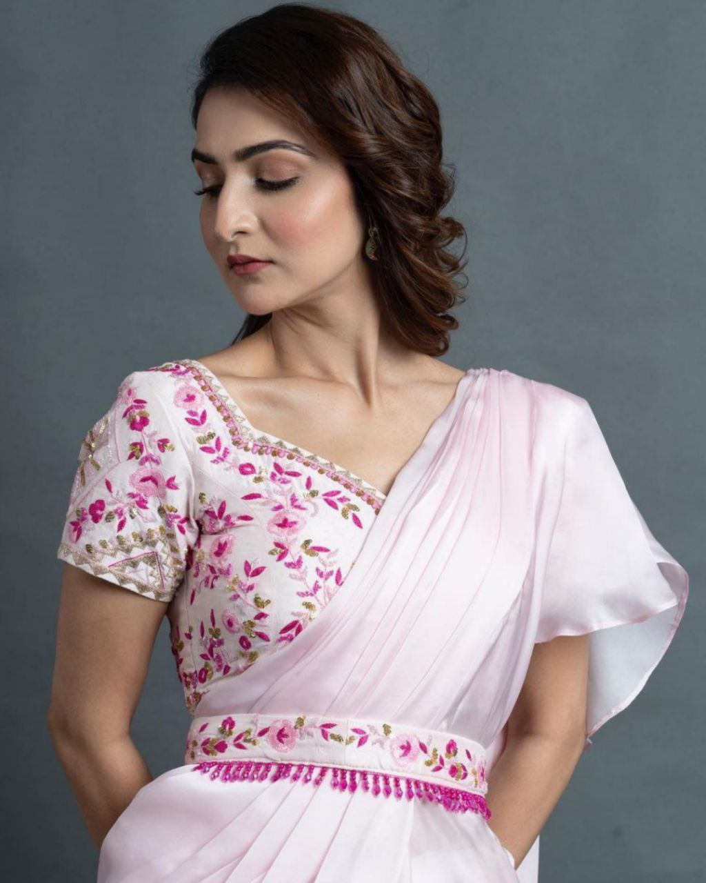 Attractive Pink Apple Organza Embroidery Work Lehenga Saree With Blouse And Belt