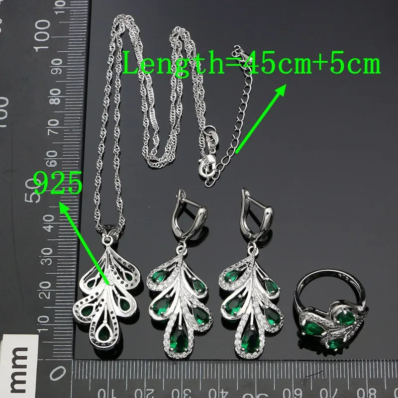 Flower Shaped 925 Silver Jewelry Sets Natural Green Cubic Zirconia White Crystal Earrings Ring Pendant Necklace Set For Women