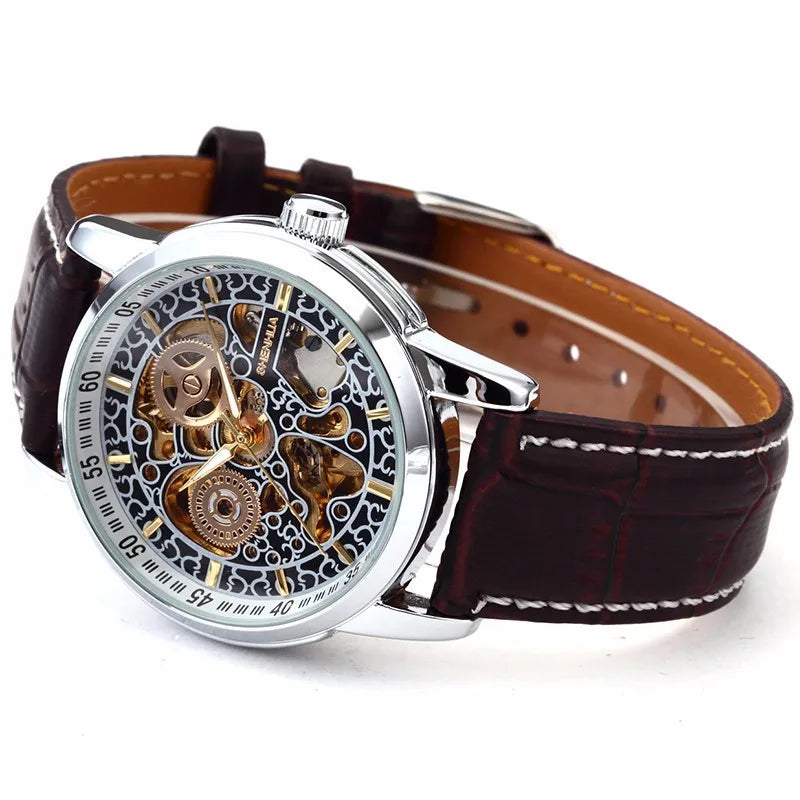 แบรนด์ที่มีชื่อเสียง Shenhua นาฬิกาผู้ชาย Vintage Automatic Mechanical Skeleton นาฬิกาผู้ชายผู้ชายหนังนาฬิกา Relogio Masculino