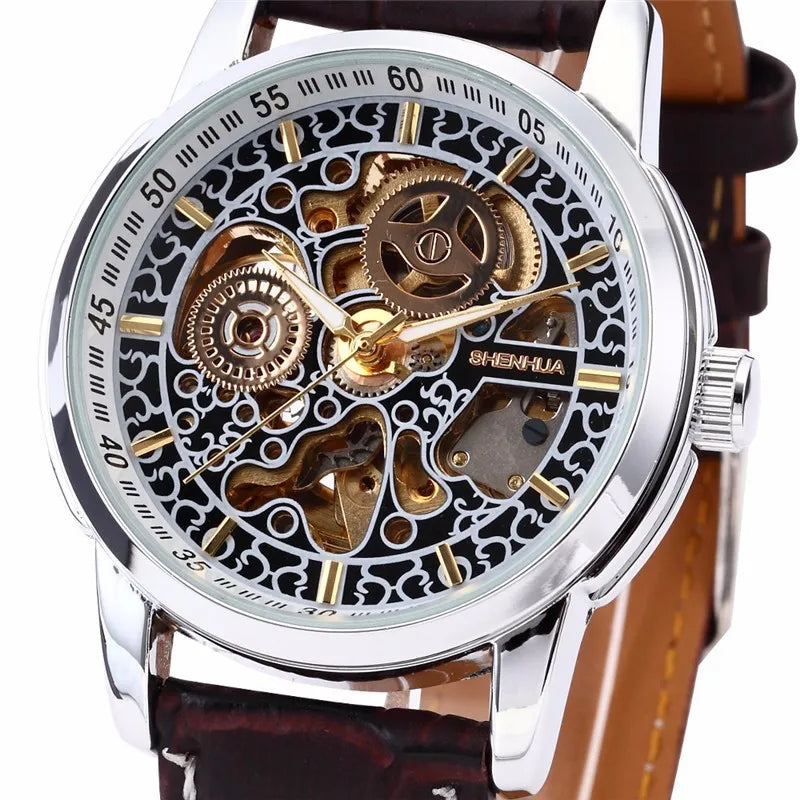 แบรนด์ที่มีชื่อเสียง Shenhua นาฬิกาผู้ชาย Vintage Automatic Mechanical Skeleton นาฬิกาผู้ชายผู้ชายหนังนาฬิกา Relogio Masculino
