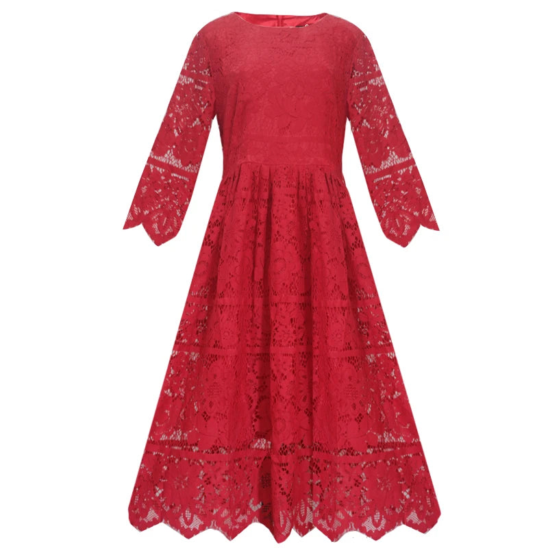 TAOYIZHUAI 2019 New Arrival Autumn Chinese Style Plus Size L A-Line Solid Red Holllow Out Women Long Lace Dress For Lady 14098
