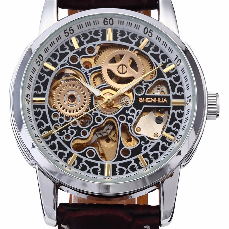 แบรนด์ที่มีชื่อเสียง Shenhua นาฬิกาผู้ชาย Vintage Automatic Mechanical Skeleton นาฬิกาผู้ชายผู้ชายหนังนาฬิกา Relogio Masculino