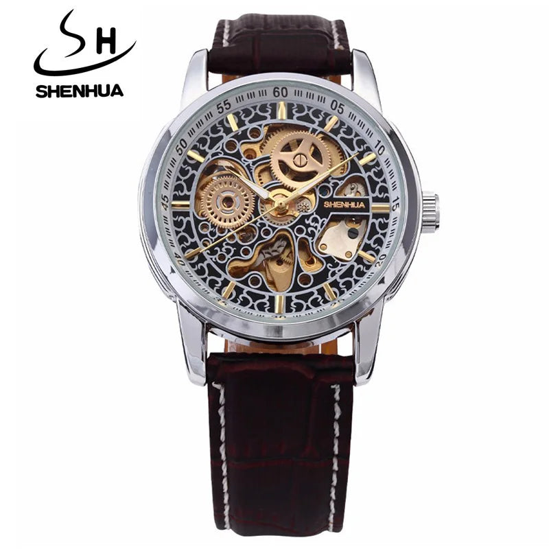 แบรนด์ที่มีชื่อเสียง Shenhua นาฬิกาผู้ชาย Vintage Automatic Mechanical Skeleton นาฬิกาผู้ชายผู้ชายหนังนาฬิกา Relogio Masculino