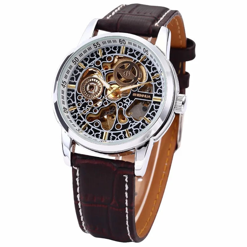แบรนด์ที่มีชื่อเสียง Shenhua นาฬิกาผู้ชาย Vintage Automatic Mechanical Skeleton นาฬิกาผู้ชายผู้ชายหนังนาฬิกา Relogio Masculino