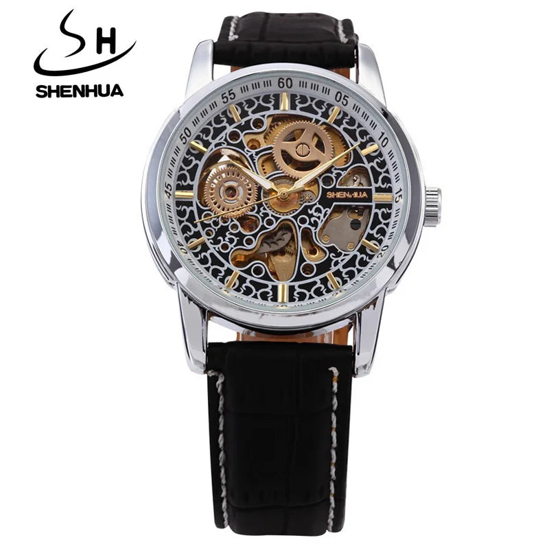 แบรนด์ที่มีชื่อเสียง Shenhua นาฬิกาผู้ชาย Vintage Automatic Mechanical Skeleton นาฬิกาผู้ชายผู้ชายหนังนาฬิกา Relogio Masculino