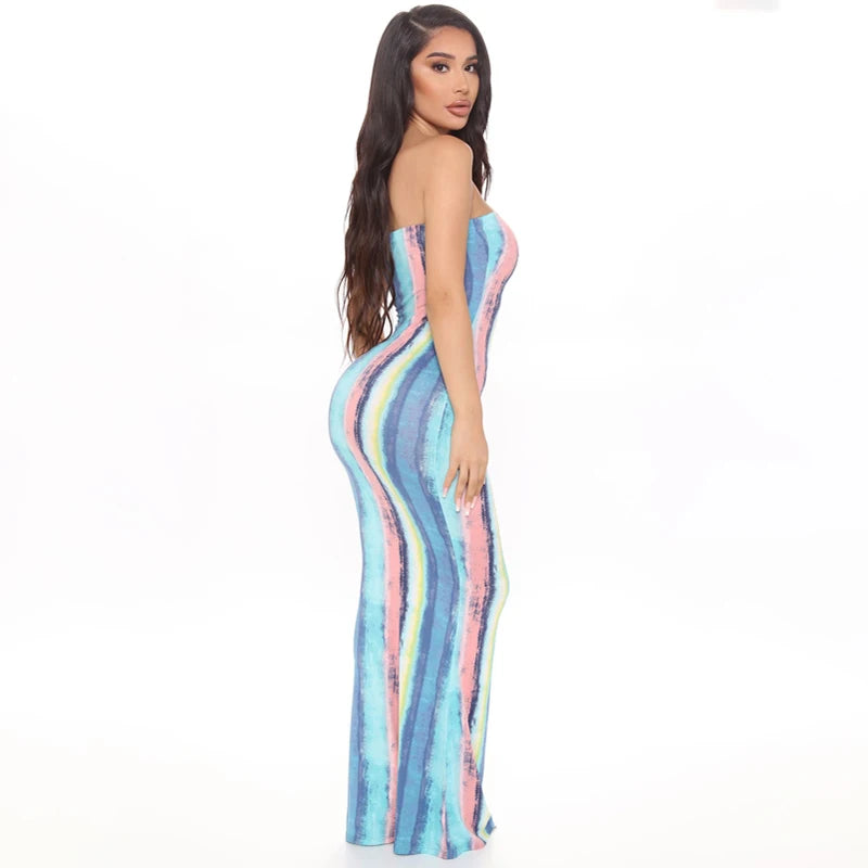 Women Casual Tube Long Dress Summer Strapless Off Shoulder Tie-dye Print Bodycon Maxi Dresses Sexy Evening Party Prom Club Robe