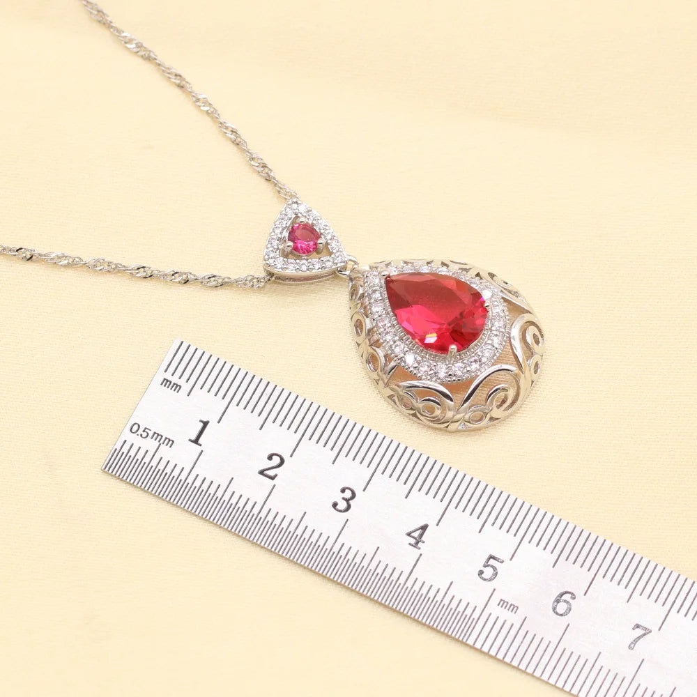 XUTAAYI 925 Silver Wedding Jewelry Sets For Women Red Ruby Bracelet Rings Bridal Pendant Necklace Earrings For Women